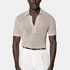 Suitsupply Cotton Silk Light Sand Crochet Polo Large